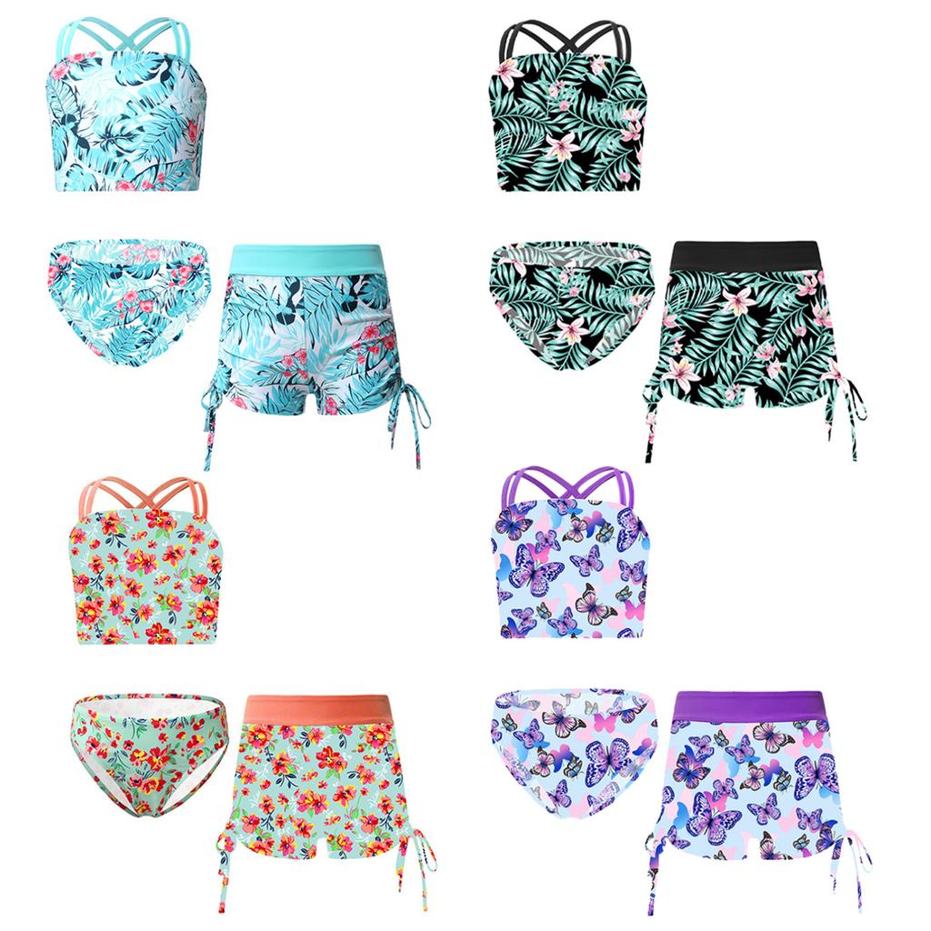 Бикини с шортами. Комплект для девочек. Топ-танкини. Шорты для плавания. Гавайский купальник из трех предметов. Спортивный бюстгальтер-кроссовер. Низ бикини.
