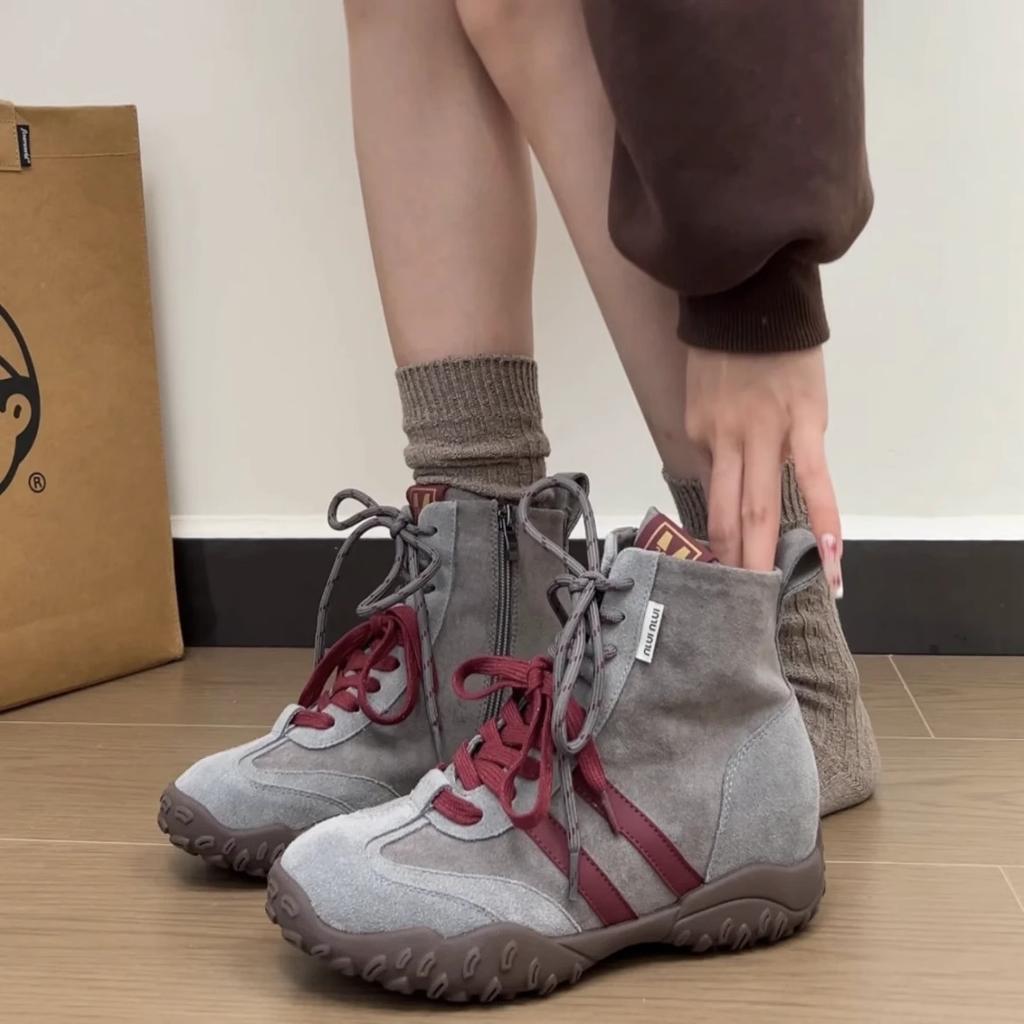 Inner Height Increase Small Boxing Boots Women's Leather Two-color Shoelaces Small Size Short Boots Retro Casual Sports Martin Boots Tide