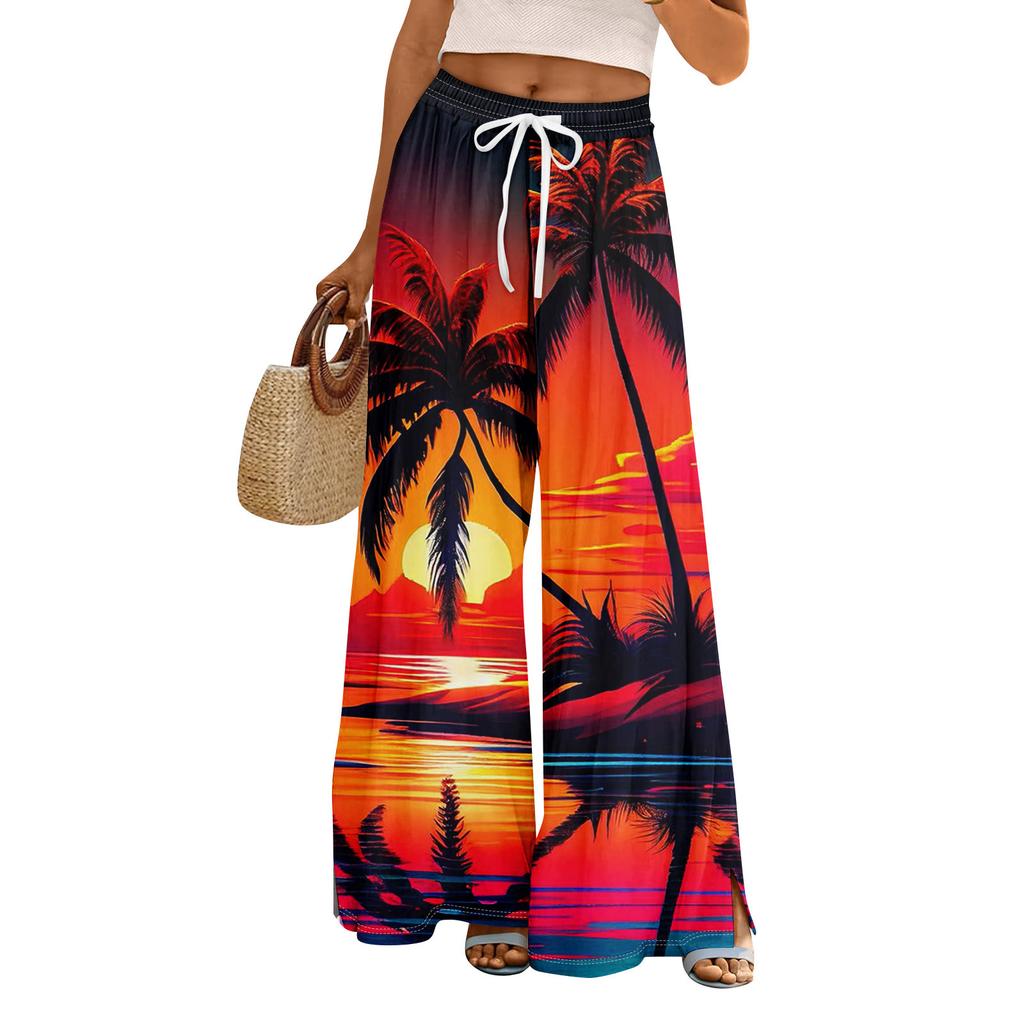 Women Summer Boho Palazzo Pants High Waist Wide Leg Rinting Casual Trousers With Pockets