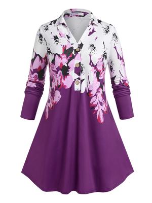 Rosegal Plus Size Цветочная рубашка-туника с застежкой на полпуговицы