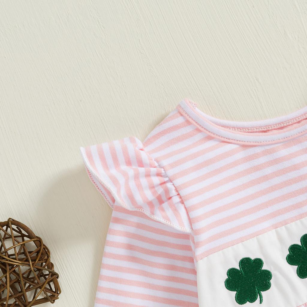 Baby Girl Striped Bodysuit Clover Ruffle Trim Long Sleeve Romper Cute Irish Clothes