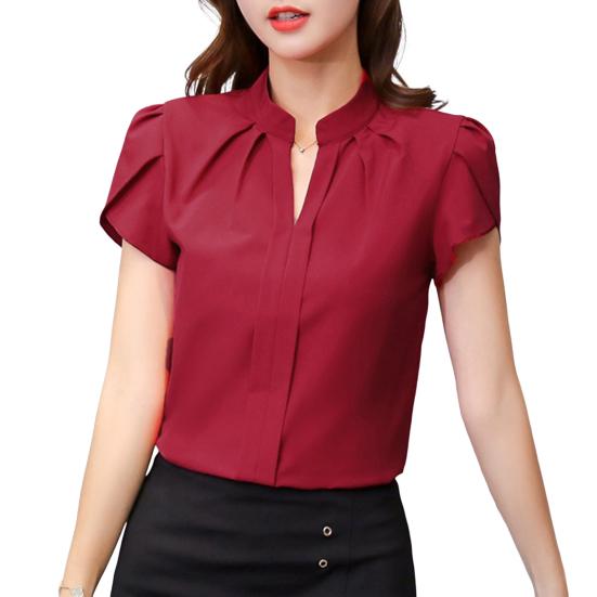 Летняя шифоновая рубашка с v-образным вырезом и лепестками, короткий однотонный пуловер с рукавами, топы с воротником-стойкой, тонкая женская блузка