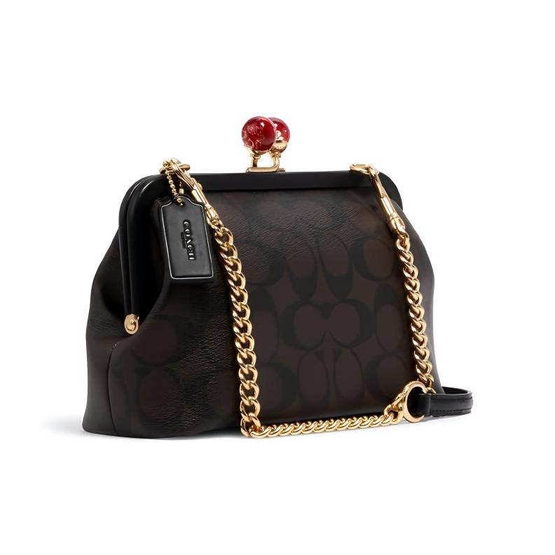 Coach Kisslock Series 22 Logo Charm Detachable Shoulder Strap Coated Canvas And Leather Kiss Lock Handbag Women Handbag Brown Black C1452-IMAA8
