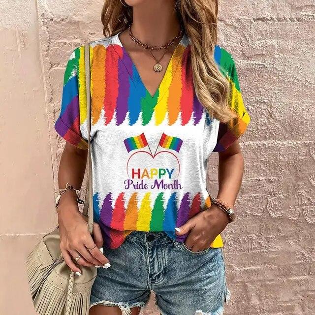 Женская футболка с 3d радужным принтом, топы, модные повседневные футболки с v-образным вырезом, одежда Pride Month, летние женские пуловеры большого размера