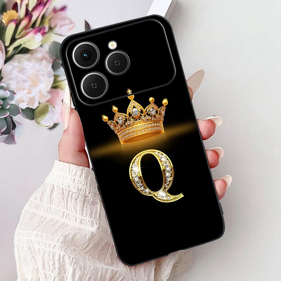 Чехол для Tecno Spark 40 Черный Силикон Роскошные Буквы А-Я Модные Цветы Корона Ударопрочный Чехол для Телефона Tecno Spark 40