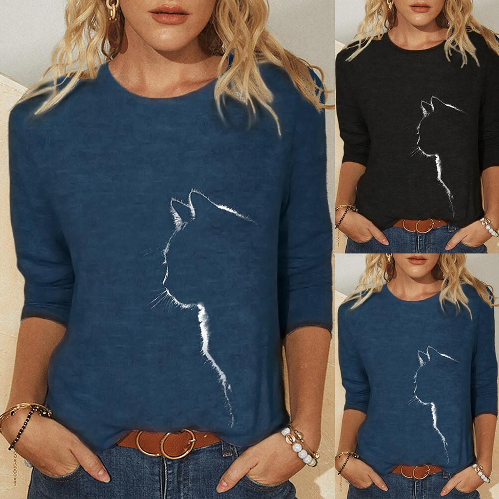 Women Autumn Winter Tops Loose Cat Print Causal Long Sleeve T-shirt Top Blouse