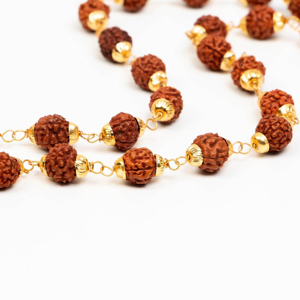 Rudraksha Mala with Brass Caps & Shiva Trishul | Natural Rudraksha Beads Necklace | Hindu Prayer Jewelry | Healing Mala | Unique Religious Gift