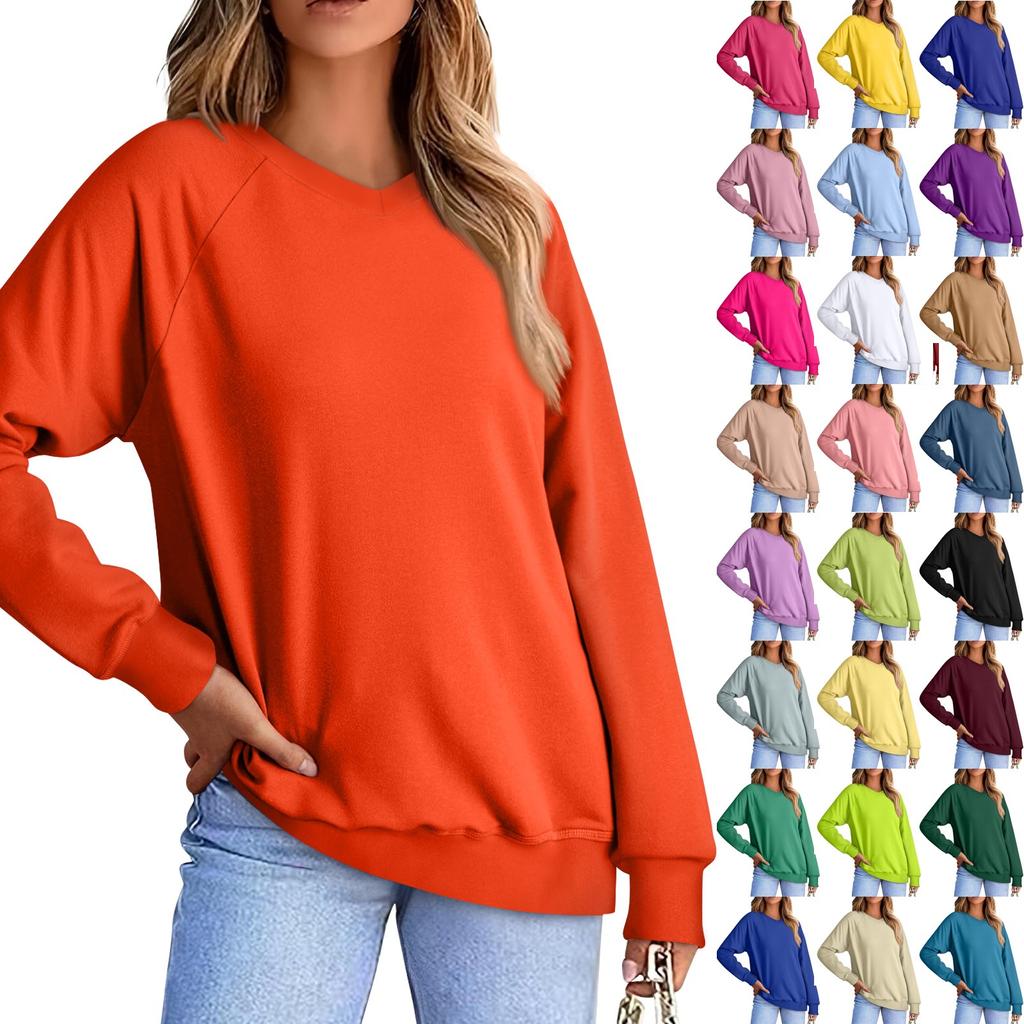 Женская модная толстовка с V-образным вырезом, длинным рукавом, однотонная, повседневная, свободная, с рукавами реглан, толстовка, свитер
