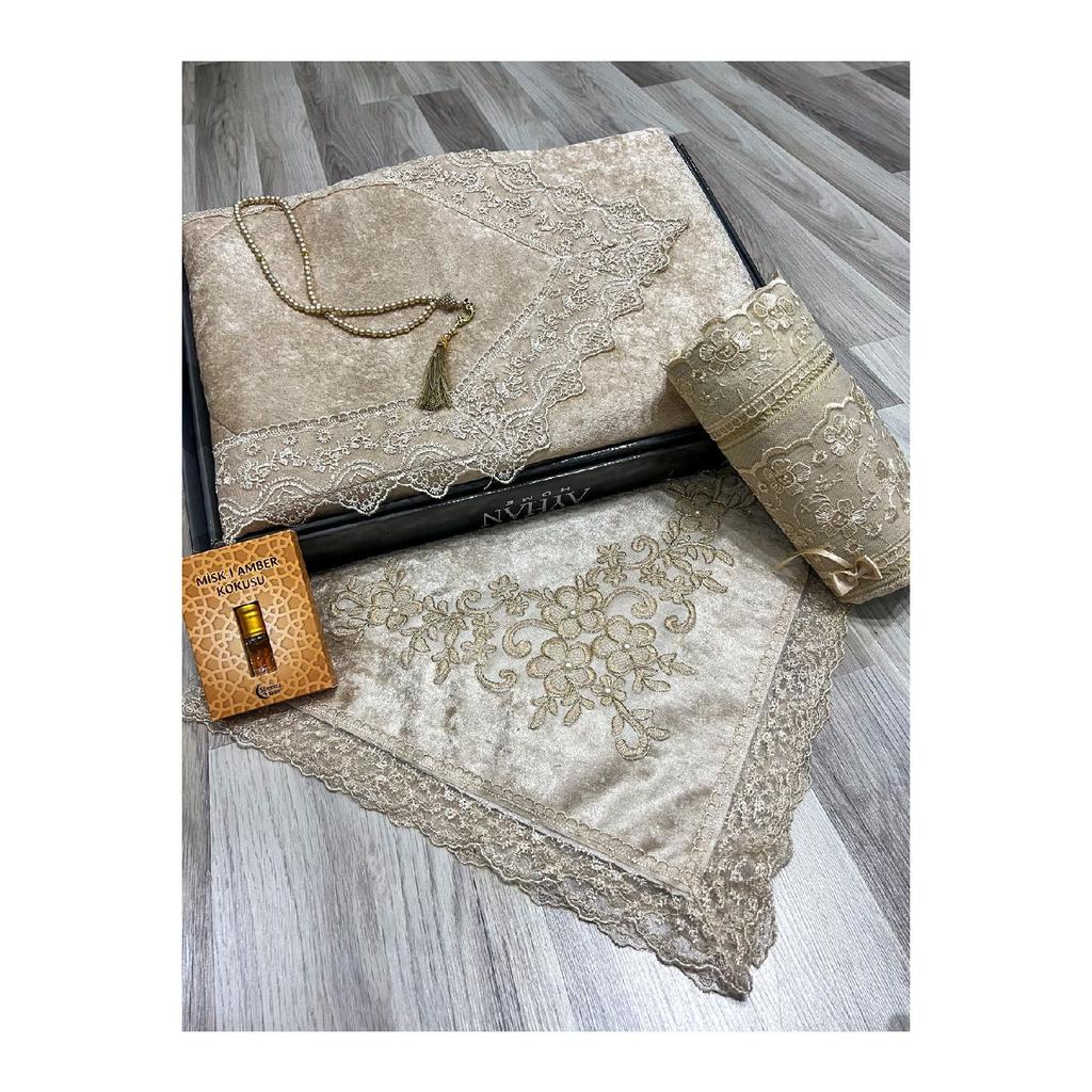 5 Piece Prayer Mat Set, Dowry Bundle Boxed, Velvet Laced Bride And Groom Set
