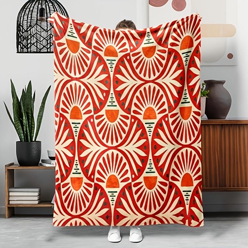 Boho Sun Geometric Flannel Throw Blanket, Retro Sun Abstract Pattern Navy Orange Print Soft Cozy Blanket Sofa Bed Bohemian Home Decor Gift