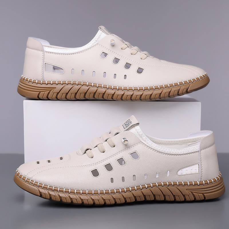 Модные Полые Кожаные Сандалии на Мягкой Подошве в Стиле Business Casual для Мужчин Модные Однотонные Летние Новые Дизайнерские Обувь для Вождения Мужчина