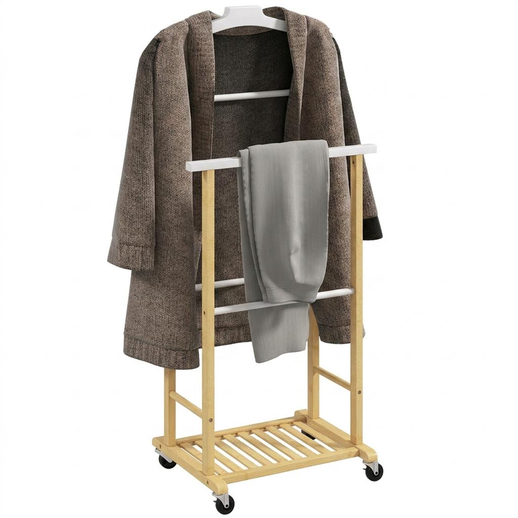Rolling Valet Closet Bamboo Clothes Rack With Integrated Hanger Pant Rods And Shelf Natural