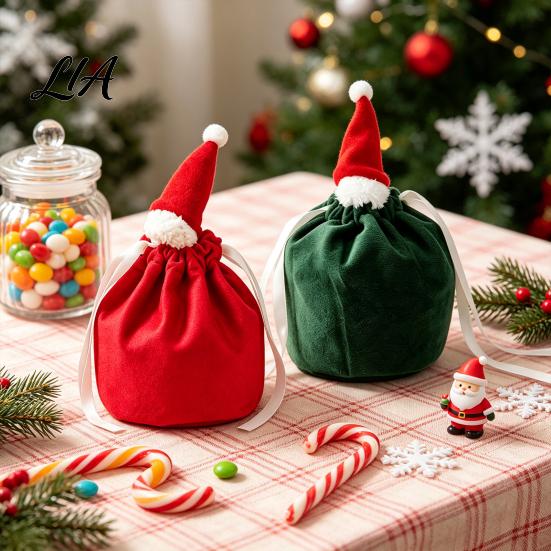 Santa Claus Drawstring Pouches Christmas Gift Bags with Hat, Reusable Velvet Xmas Goodie Sacks, Festive Holiday for Kids Candy Apple Treat Pouch