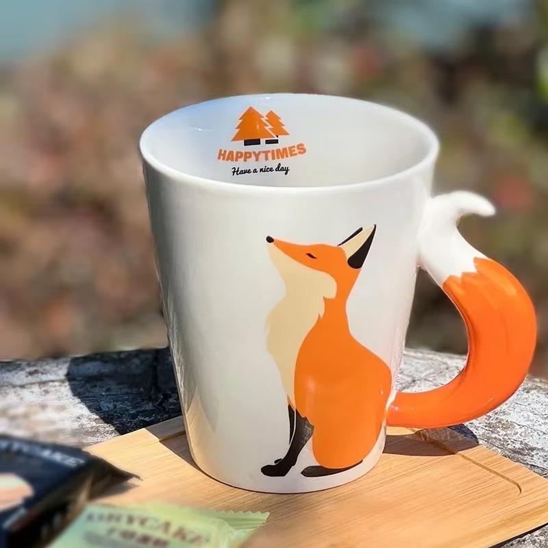 360ML Ceramic Fox Mug Creative Fox Tail Handle Water Cup Cartoon Animal Coffee Breakfast Milk Mug Home Office Water Cup Gift
