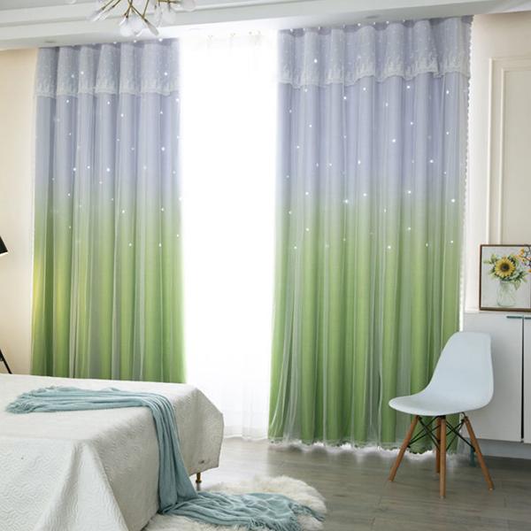 2 шт., простая градиентная цветная занавеска со звездами, занавеска принцессы Ins с высоким затемнением, для спальни, гостиной, двойная тканевая марлевая занавеска