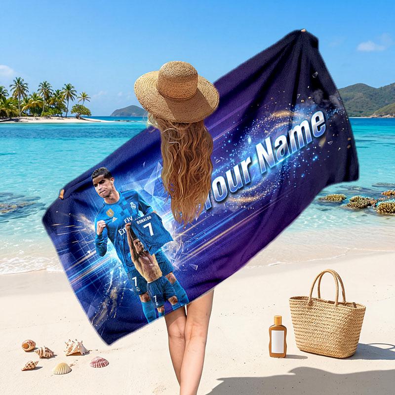 Cristiano Ronaldo Custom Beach Towel, Personalized Name Text Print, Football Logo Soft Quick‑Dry Towel Holiday Gift