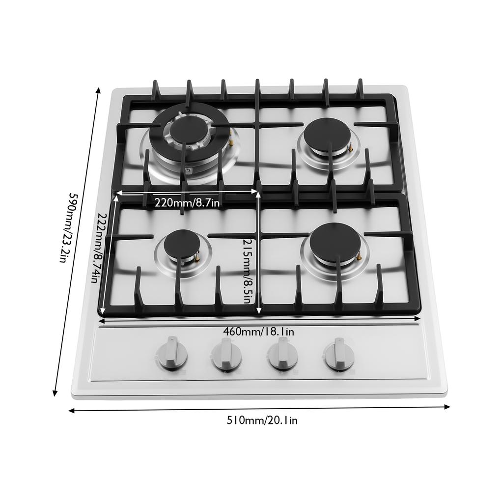 Powerful Built-in Gas Cooktop 4 Burner, Stainless Steel with 3KW Rapid Burner & Cast Iron Grates for Kitchen