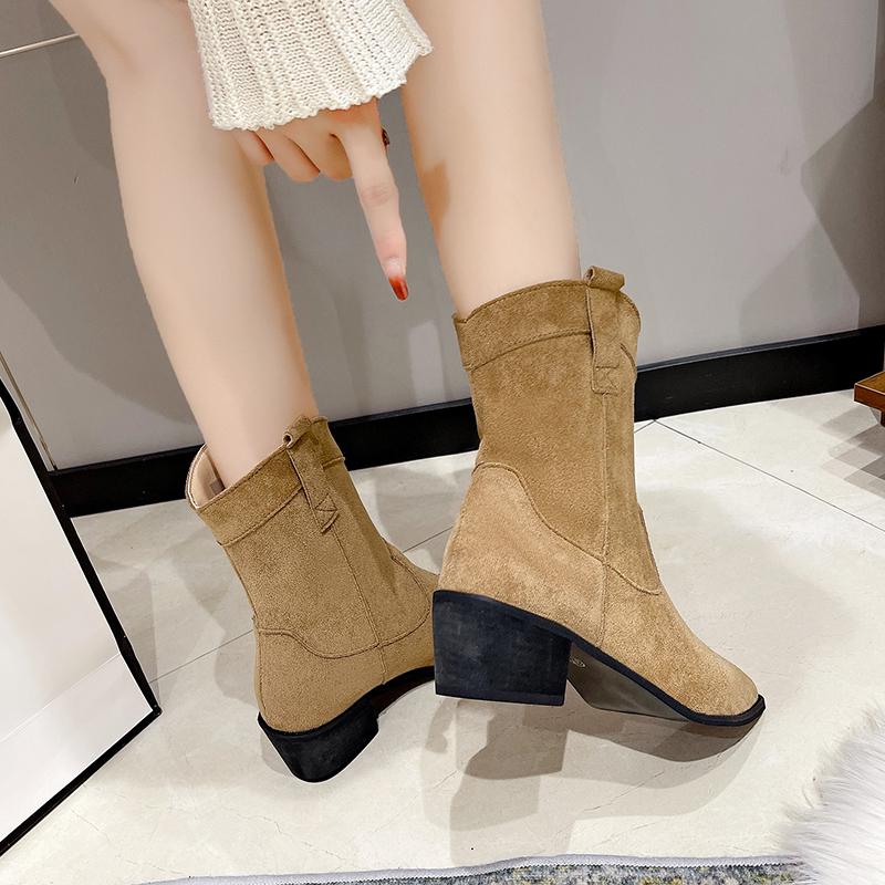 Модные женские остроносые ковбойские сапоги в стиле вестерн, женские сапоги на толстом каблуке до середины икры, модные осенне-зимние ретро-сапоги, женские полусапожки до середины икры