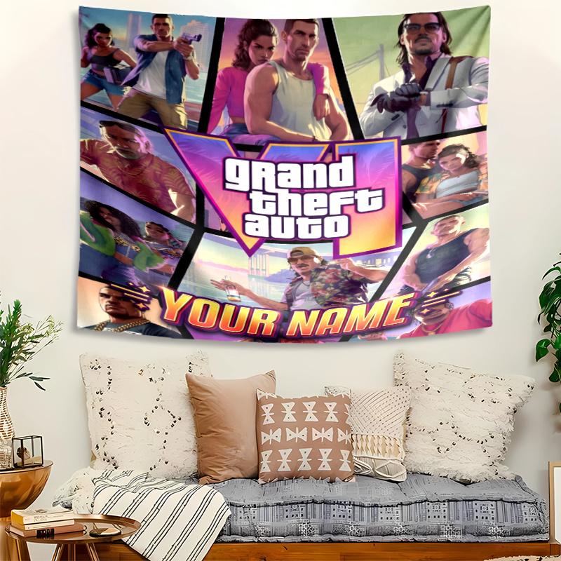 Personalized Name GTA Tapestry, Wall Hanging Tapestry, Pattern Tapestry for Dorm Bedroom Living Room Wall Art Photography Backdrop