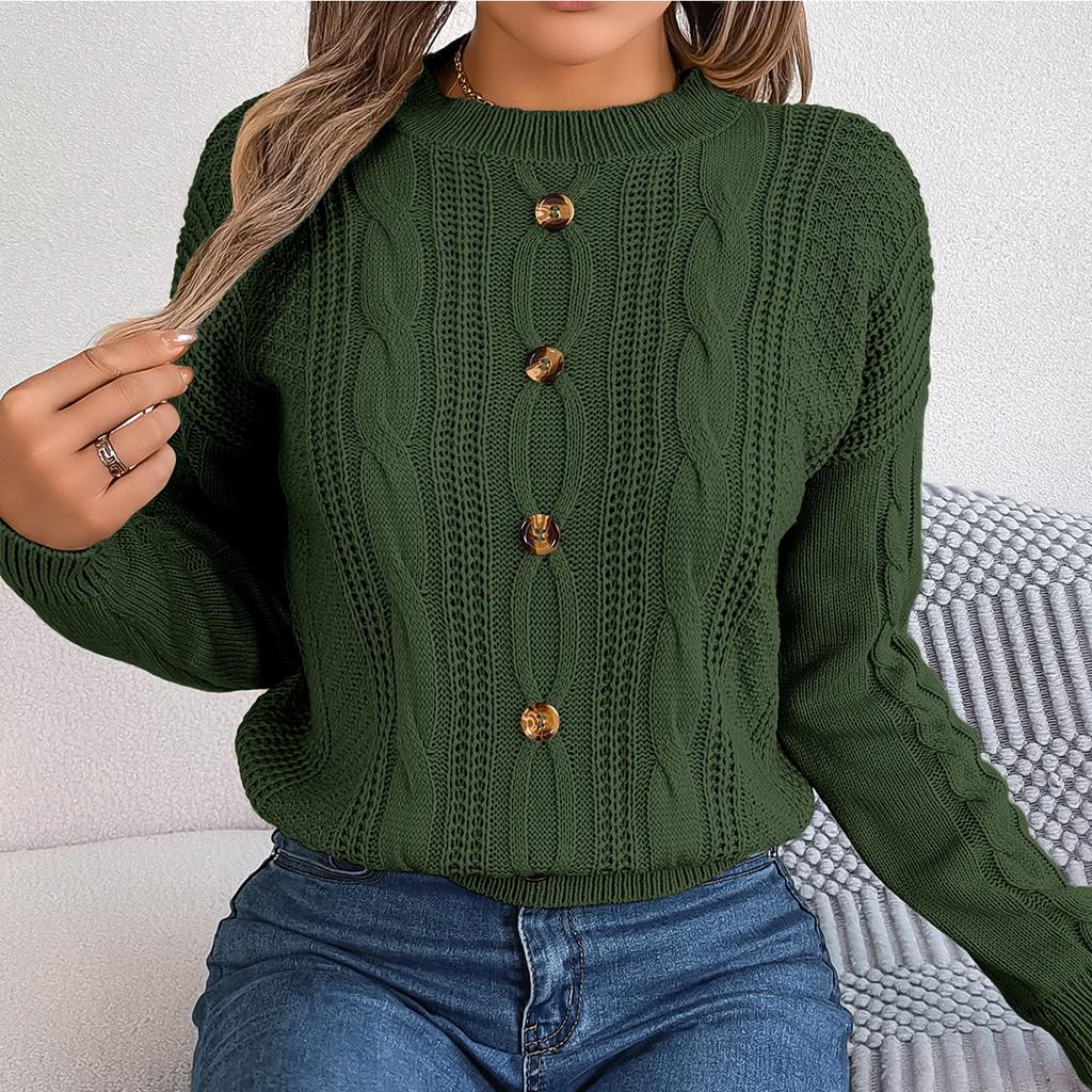 GMXIA Women's Fashion Casual Solid Color Autumn Winter Long Sleeve Round Neck Loose Button Pullover Sweater