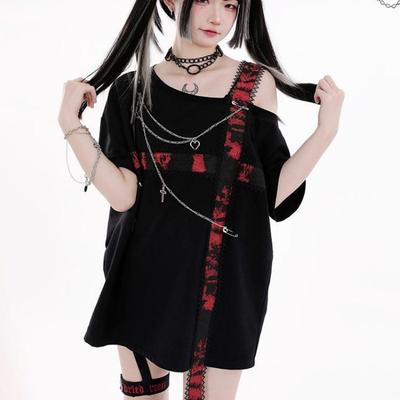 2KWEIRD Футболки Харадзюку Женские Топ с крестом и цепочкой Свободные футболки с открытыми плечами Модные футболки Пэчворк Y2k Эстетика Гранж Футболка