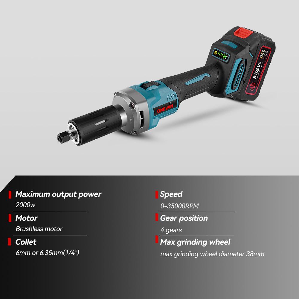 ONEVAN 2000W Brushless Electric Die Grinder 35000RPM 6mm Cordless 4 Gears Variable Grinding Rotary Tools For Makita 18v Battery
