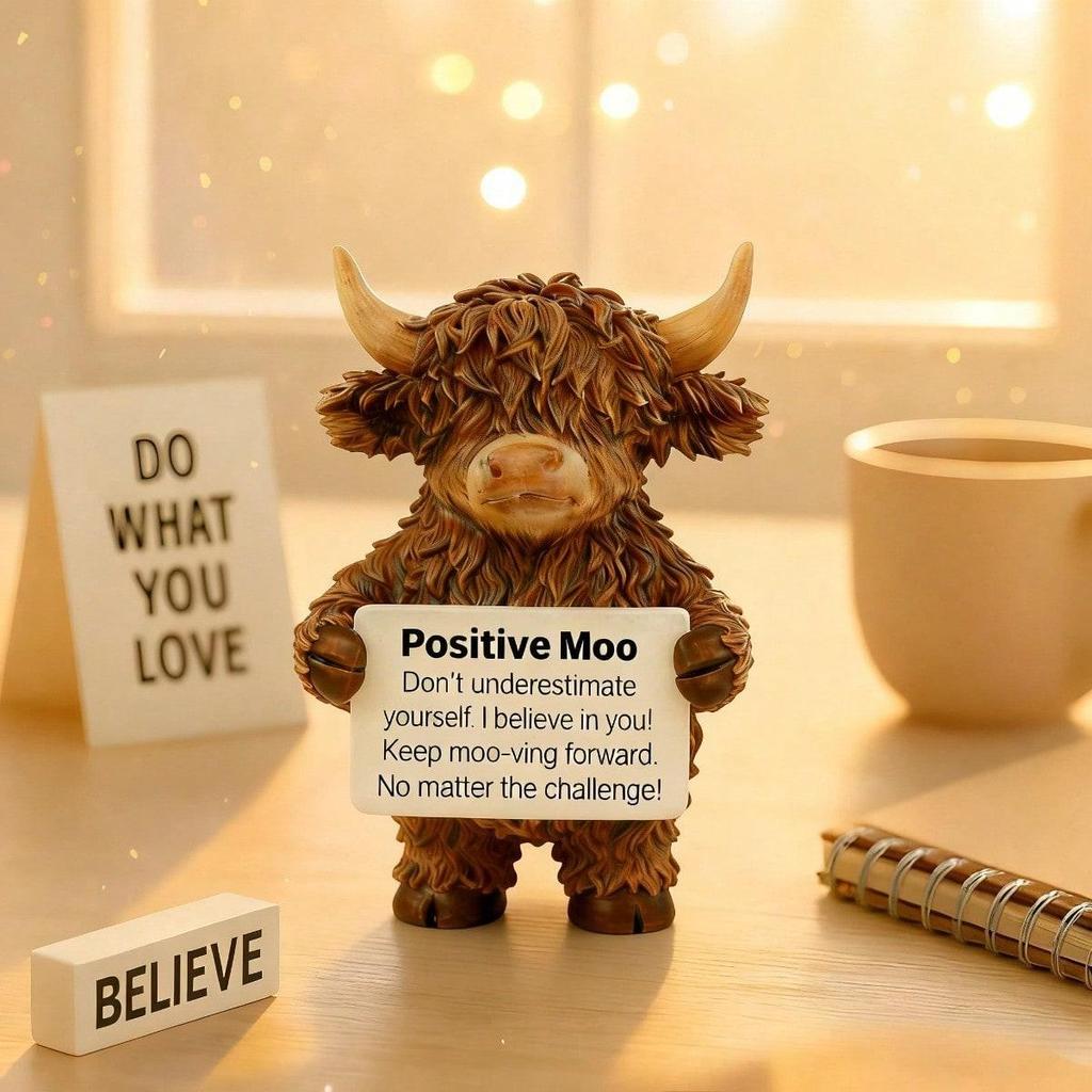 A Cute Scottish Highland Cow Statue, Resin Farmhouse Cow Desk Decor, Encouragement Cheer Up Gift for Office Home Shelf Tabletop