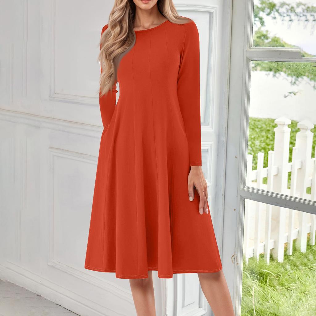 Женское повседневное модное платье миди с круглым вырезом и длинным рукавом