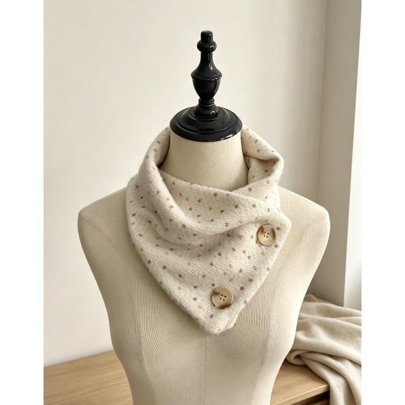 Cream Polka Dot Button Scarf for Women in Autumn and Winter Atmosphere, Warm Scarf for Students