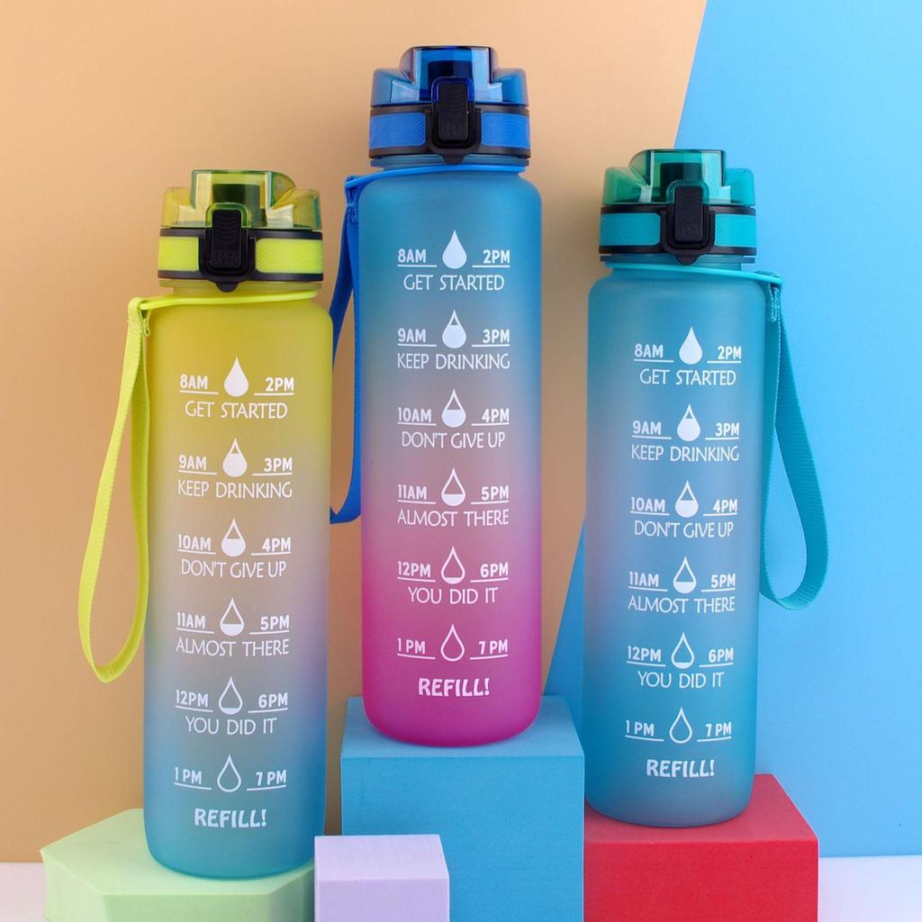 Tritan Frosted 1000ml Plastic Water Bottle with Time & Capacity Scale, Portable Handle