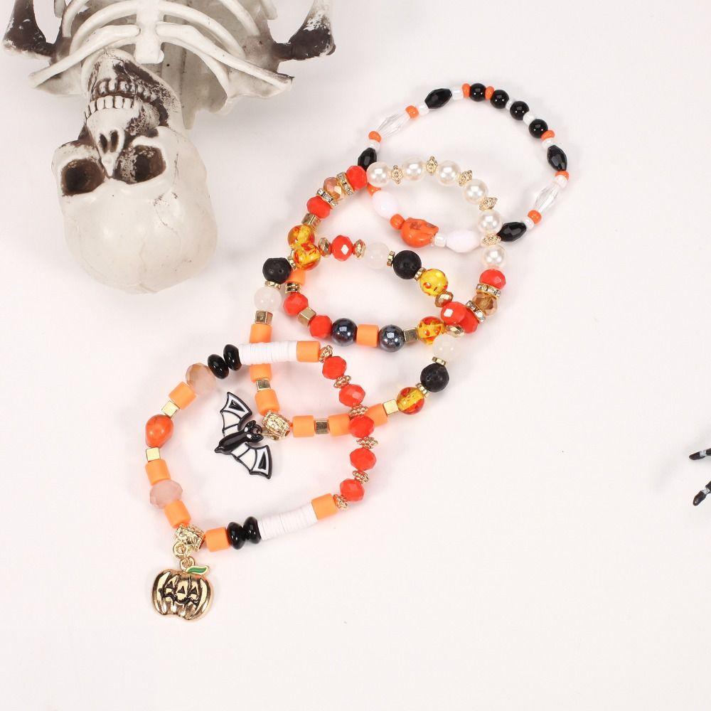 4pcs Halloween Bracelet Pumpkin Ghost Bat Bracelet Colorful Bead Hand Accessory Trick Or Treat Happy Halloween Favors Kid Girl