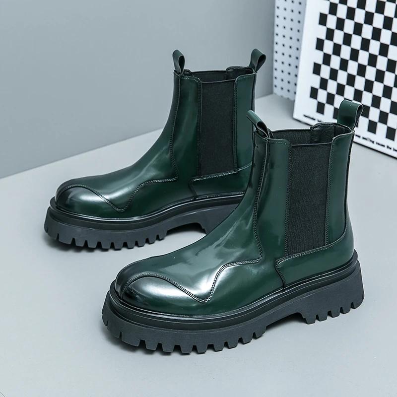 New Chelsea Boots for Men Green Black Patent Leather Round Toe Slip-On Shoes for Men with Size 38-44 Ankle Boots