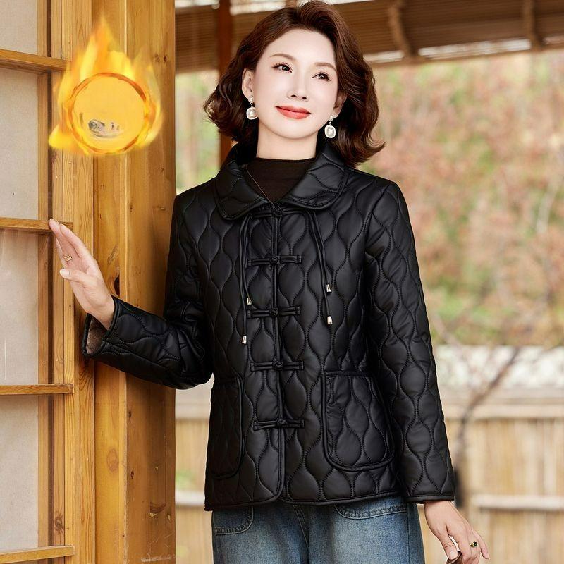 Chinese-style Mother Plus Velvet Jacket, PU Leather, Windproof Clothes, Autumn and Winter Age-reducing Retro Cotton-padded Clothes