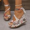 Lucyever Fashion Printed Wedge Heel Sandals Women Peep Toe Chunky Platform Sandles Woman Back Zipper High Heel Sandalias Mujer