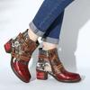 Bohemian Women Ankle Boots Casual Retro Ethnic Style Printing High Heels Shoes Autumn New Belt Buckle Leather Short Booties