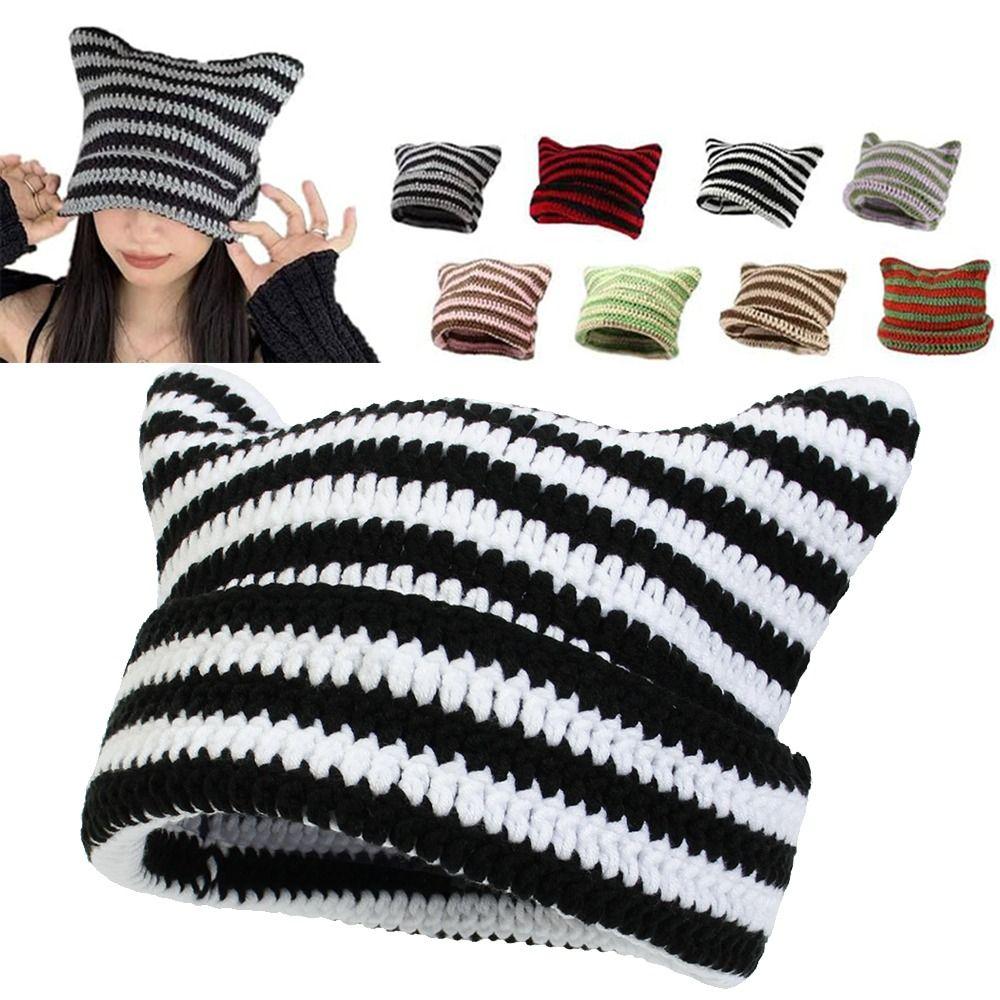 Y2K Harajuku Ins Little Devil Striped Hat Keep Warm Skullies Cap Casual Knitted Wool Cap  Women