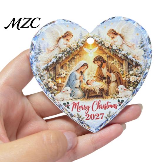 Vintage Style Holiday Hanging Tags Wooden Nativity Ornament for Christmas Tree Decorations, Retro Religious Heart Shape Gifts Scene Garland Decoration