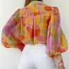 Women's Casual Printed Puff Sleeve Blouse, Polyester and Elastane Blend  Lapel Collar - Spring/Fall Fashion Top, Casual Wear Blouse Vibrant Print Top