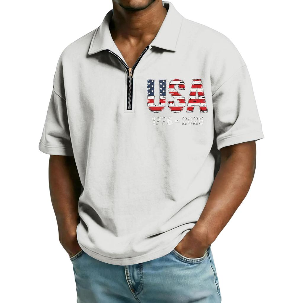 Мужская футболка-поло с коротким рукавом и воротником на молнии с принтом букв USA 1776-2026 Повседневная легкая футболка для ежедневного ношения