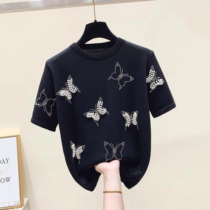 Summer O Neck Puff Short Sleeve Women T-Shirts Sweet Pearl Embroidery Female Knitted Tops Korean Chic Butterfly Beading Tees