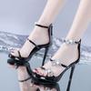 Spring and Summer One-word Buckle Strap High-heeled Sandals Women's Thin Heels Sexy Rhinestones Small Size Tide