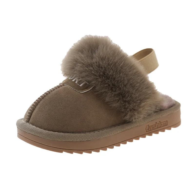 Children Cotton Shoes Elastic Band Kids Casual Slippers Solid Color Sewing Plush Warm Boys Girls Winter Slippers 2024 New