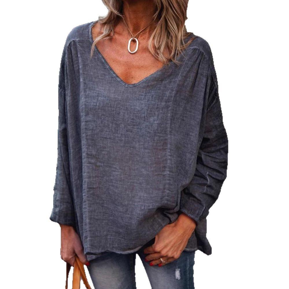 Ladies Spring Autumn Long Sleeves V Collar Loose Solid Color Pullover T Shirt Blouse Top