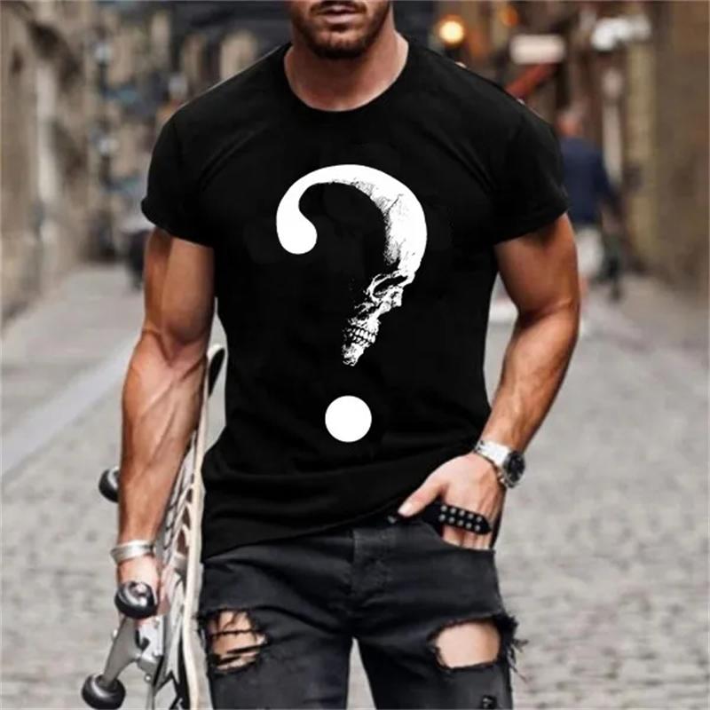 Летняя мужская повседневная футболка с рисунком черепа, футболки с коротким рукавом, белая футболка с забавным принтом вопросительного знака, уличная дышащая футболка