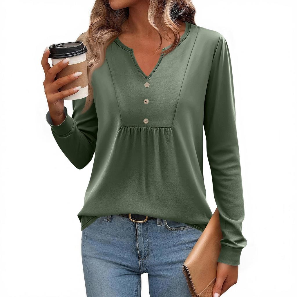 Women's Fashionable Casual V-neck Blouse Button Long-sleeved Pullover T-shirt Top