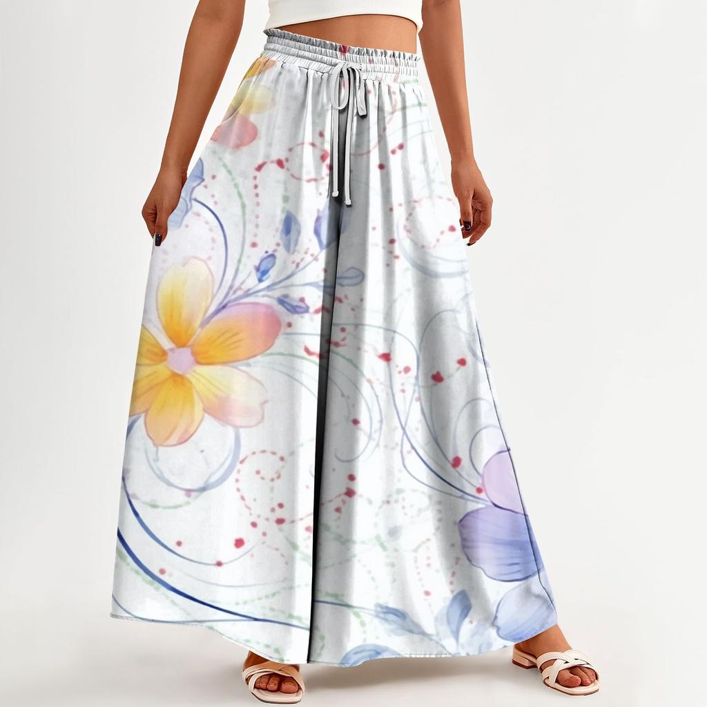 Женские широкие брюки с высокой талией, летние повседневные струящиеся брюки-палаццо, пляжные брюки с цветочным принтом и карманом