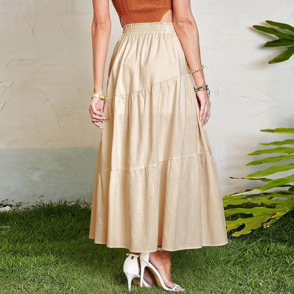 Women's Fashionable, Sexy And Elegant Solid Color High Waist Elastic A-line Pleated Skirt With Large Hem