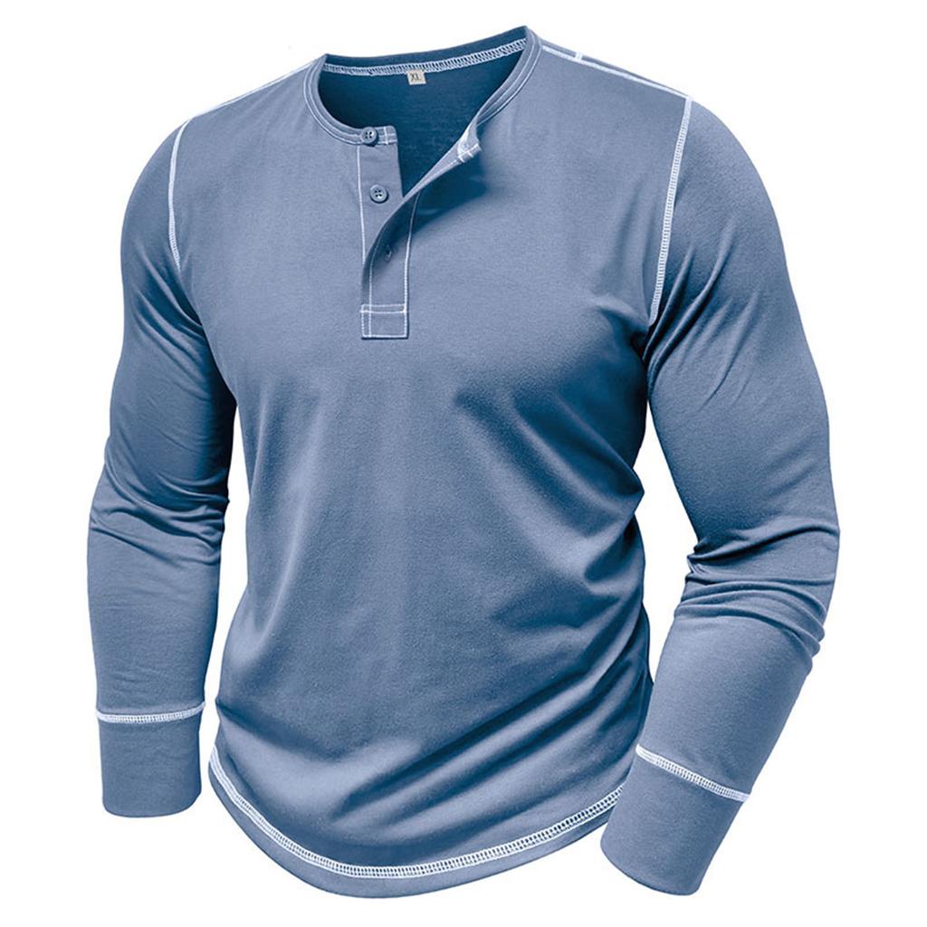 Men's Long Sleeve Shirt Men's Round Neck Button T-Shirt Color Block Top