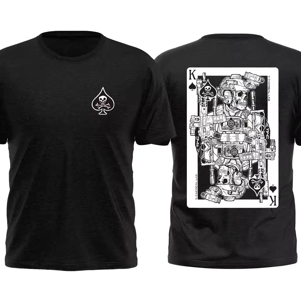 Tactical Spade Skull Poker King Graphic Front Back Print T shirt Military Outdoor Oversized Black Short Sleeve Tee