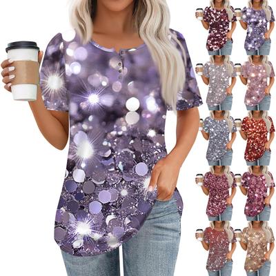 Женский модный повседневный короткий рукав пуловер с принтом на пуговицах и круглым вырезом